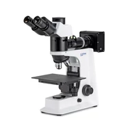 KERN OKM 173 metallográfiai, anyagvizsgálati mikroszkóp 50x/100x/200x/500x nagyítás, végtelen optikai egység, állítható asztal, színszűrők, állítható fényerejű 5 W-os LED ráeső megvilágítás, trinokuláris