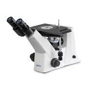 KERN OLM 170 inverz metallográfiai, anyagvizsgálati mikroszkóp 50x/100x/200x/500x nagyítás, végtelen optikai egység, állítható asztal, állítható fényerejű 5 W-os LED ráeső megvilágítás, trinokuláris
