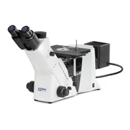 KERN OLM 171 inverz metallográfiai, anyagvizsgálati mikroszkóp 50x/100x/200x/500x nagyítás, végtelen optikai egység, állítható asztal, állítható fényerejű 50 W-os halogén ráeső megvilágítás, trinokuláris