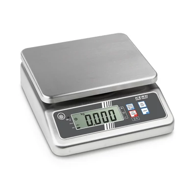 KERN FOB 10K-3LM (15000g/5g) rozsdamentes, IP67-es védettség, HACCP kompatibilis digitális asztali mérleg ellenőrző méréssel, hitelesíthető
