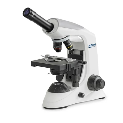 KERN OBE 121 biológiai mikroszkóp 40x/100x/400x nagyítás, állítható asztal, állítható fényerejű 3 W-os LED alsó megvilágítás, monokuláris