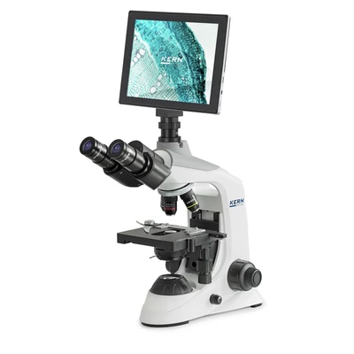 KERN OBE 124T241 biológiai digitális mikroszkóp kamerával, kijelzővel 40x/100x/400x nagyítás, állítható asztal, állítható fényerejű 3 W-os LED alsó megvilágítás, trinokuláris