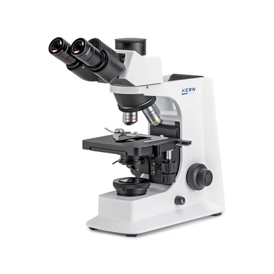 KERN OBL 137 biológiai mikroszkóp 40x/100x/400x/1000x nagyítás, végtelen optikai egység, állítható asztal, állítható fényerejű 3 W-os LED alsó megvilágítás, trinokuláris