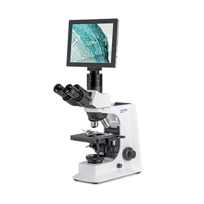 KERN OBL 137T241 biológiai digitális mikroszkóp kamerával, kijelzővel 40x/100x/400x/1000x nagyítás, végtelen optikai egység, állítható asztal, állítható fényerejű 3 W-os LED alsó megvilágítás, trinokuláris