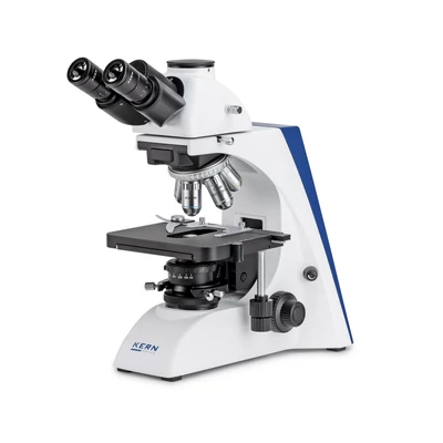 KERN OBN 135 biológiai mikroszkóp 40x/100x/200x/400x/1000x nagyítás, végtelen optikai egység, állítható asztal, állítható fényerejű 3 W-os LED alsó megvilágítás, trinokuláris
