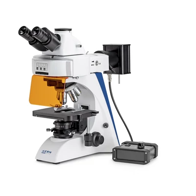 KERN OBN 141 fluoreszcens biológiai mikroszkóp 40x/100x/200x/400x/1000x nagyítás, végtelen optikai egység, állítható asztal, állítható fényerejű 3 W-os LED alsó és 3W-os LED flureszcens megvilágítás, trinokuláris