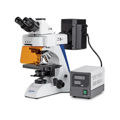 KERN OBN 148 fluoreszcens biológiai mikroszkóp 40x/100x/200x/400x/1000x nagyítás, végtelen optikai egység, állítható asztal, állítható fényerejű 20 W-os halogén alsó és 100W-os flureszcens megvilágítás, trinokuláris