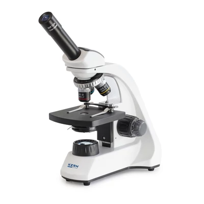 KERN OBT 101 biológiai mikroszkóp 40x/100x/400x nagyítás, állítható asztal, állítható fényerejű 1 W-os LED alsó megvilágítás, monokuláris
