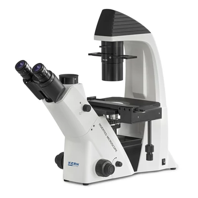 KERN OCM 161 inverz fázis kontrasztos biológiai mikroszkóp 100x/200x/400x nagyítás, végtelen optikai egység, állítható asztal, állítható fényerejű 30 W-os Philips halogén alsó megvilágítás, trinokuláris