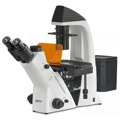 KERN OCM 165 inverz fázis kontrasztos fluoreszcens biológiai mikroszkóp 100x/200x/400x nagyítás, végtelen optikai egység, állítható asztal, állítható fényerejű 30 W-os Philips halogén felső és 100 W Epi fluoreszcens ráeső megvilágítás, trinokuláris