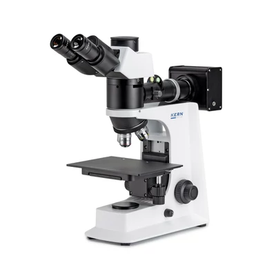 KERN OKM 173 metallográfiai, anyagvizsgálati mikroszkóp 50x/100x/200x/500x nagyítás, végtelen optikai egység, állítható asztal, színszűrők, állítható fényerejű 5 W-os LED ráeső megvilágítás, trinokuláris