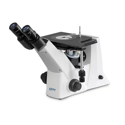 KERN OLM 170 inverz metallográfiai, anyagvizsgálati mikroszkóp 50x/100x/200x/500x nagyítás, végtelen optikai egység, állítható asztal, állítható fényerejű 5 W-os LED ráeső megvilágítás, trinokuláris