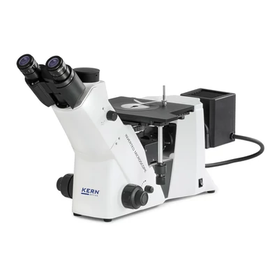 KERN OLM 171 inverz metallográfiai, anyagvizsgálati mikroszkóp 50x/100x/200x/500x nagyítás, végtelen optikai egység, állítható asztal, állítható fényerejű 50 W-os halogén ráeső megvilágítás, trinokuláris