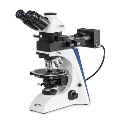 KERN OPO 185 polarizációs mikroszkóp 40x/100x/200x/400x/500x nagyítás, végtelen optikai egység, állítható asztal, állítható fényerejű 5 W-os LED alsó és5 W-os LED polarizált megvilágítás, trinokuláris
