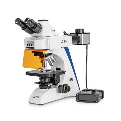 KERN OBN 142 fluoreszcens biológiai mikroszkóp 40x/100x/200x/400x/1000x nagyítás, végtelen optikai egység, állítható asztal, állítható fényerejű 5 W-os LED alsó és 3W-os LED fluoreszcens megvilágítás, trinokuláris