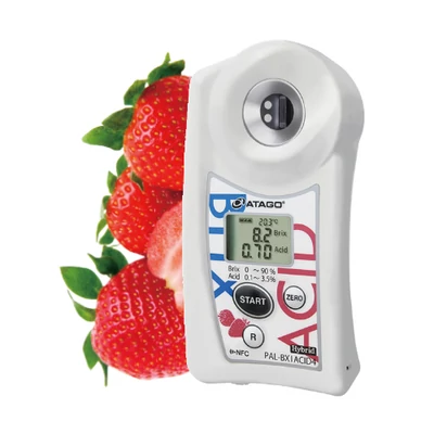ATAGO PAL-BX|ACID4 Master Kit földi eper, szamóca digitális refraktométer Brix érték (0-90％), savtartalom (0,1-3,5％) és arányuk mérésére, 100 mérés rögzítése, NFC adatátvitel