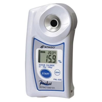 ATAGO PAL-03S digitális refraktométer víz sótartalom (0 - 28%, 0,1%, 10-100°C) mérésére, 100 mérés rögzítése, NFC adatátvitel