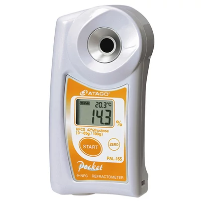 ATAGO PAL-16S digitális refraktométer magas fruktóztartalmú kukoricaszirup (HFCS-42) vizes oldat (0,0-85,0%, 0,1%) mérésére, 100 mérés rögzítése, NFC adatátvitel