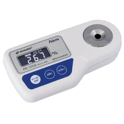 ATAGO Palette PR-101α digitális refraktométer Brix érték (0,0-45％, 0,1%, 5-40°C) mérésére, 3 felhasználói skála, 100 mérés rögzítése, NFC adatátvitel