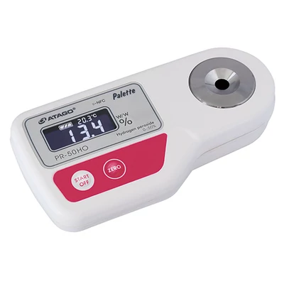 ATAGO Palette PR-50HO digitális refraktométer hidrogén-peroxid vizes oldat (0,0-50,0％, 0,1%, 5-40°C) mérésére, 3 felhasználói skála, 100 mérés rögzítése, NFC adatátvitel