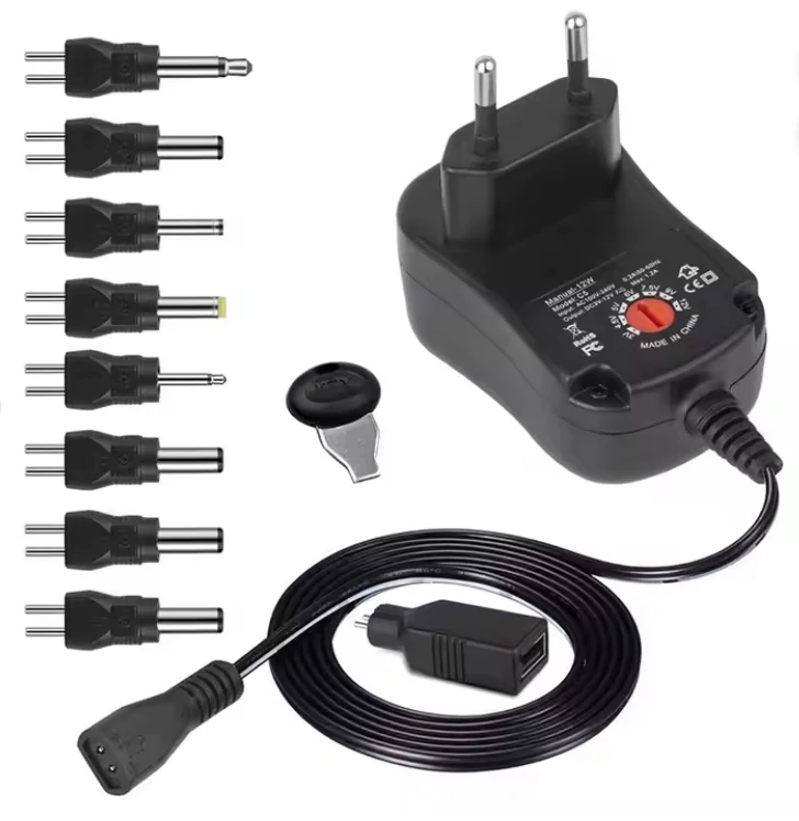 Univerzális hálózati adapter mérlegekhez 230V, 12W, 3V/4,5V/5V/6V/7,5V/9V/12V, sztandard, vagy fordított polaritás, 8 DC plusz egy mikro USB csatlakozó